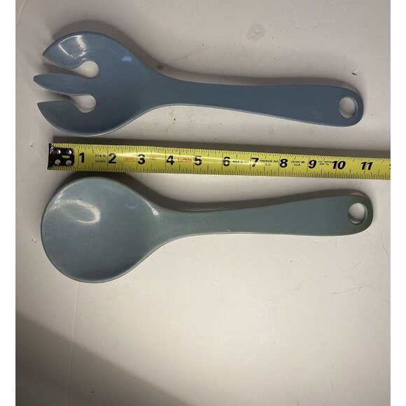 Vtg Salad Spoon Fork Tongs Utensils Servers Melmac Plastic MCM Blue - Picture 5 of 6